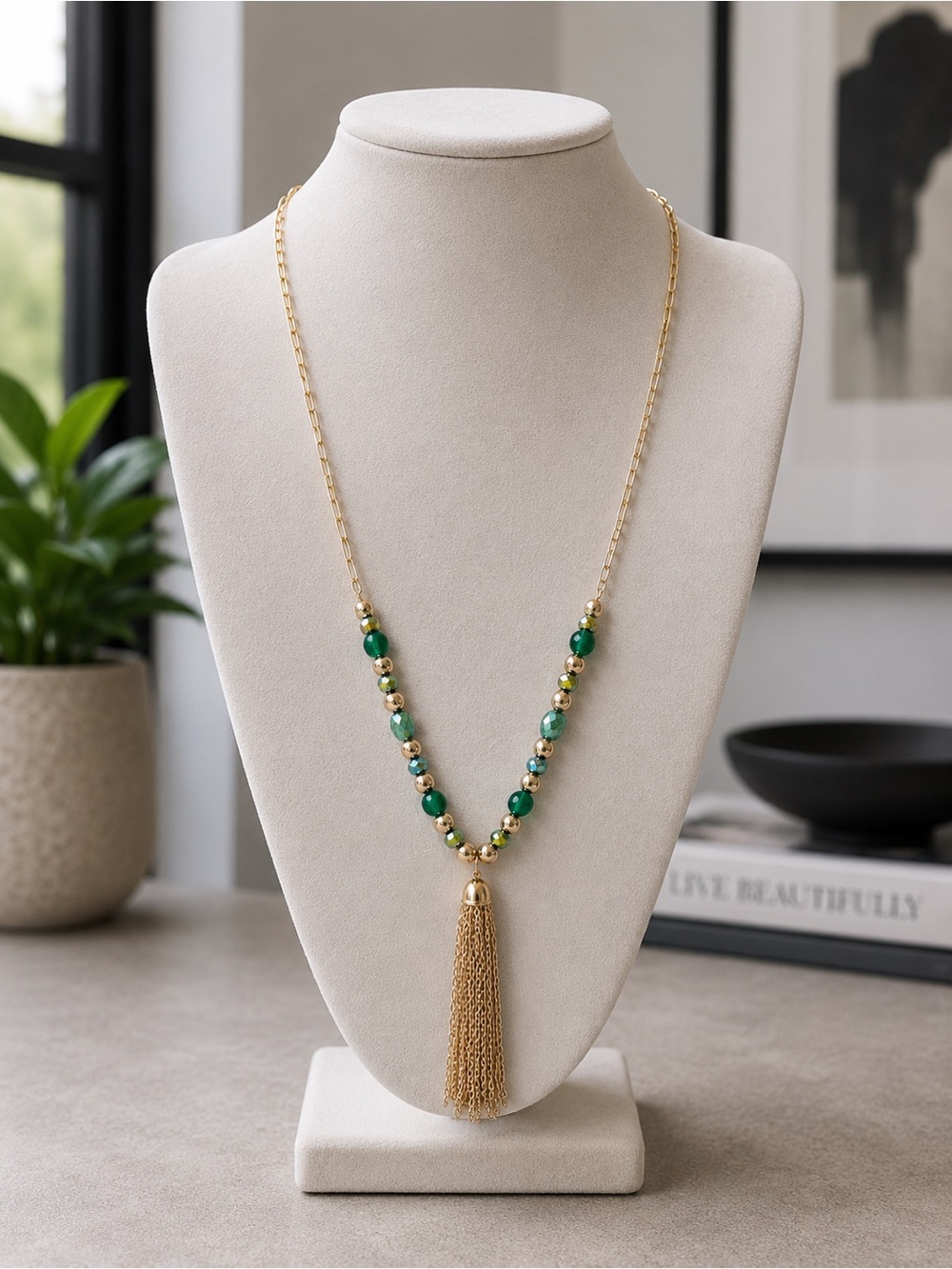 Ashley Cooper Gold Chain Necklace with Green Beads and Tassels